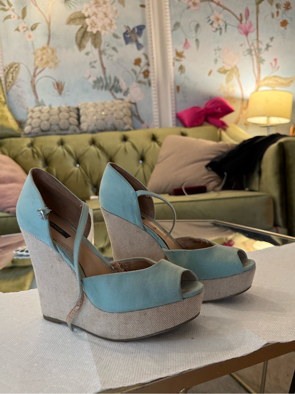 Forever 21 Aqua Platform Peep-Toe Wedge Sandals with Ankle Strap